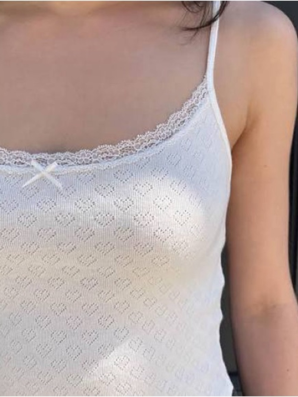 White Lace-Trim Eyelet Heart Bow Camisole